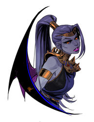  ancient_greek_clothes armlet breasts colored_sclera colored_skin commentary cropped_torso demon_wings earrings english_commentary female gorget greco-roman_clothes grey_sclera grey_skin hades_(series) hades_1 high_ponytail jewelry lips lipstick long_hair looking_at_viewer makeup megaera_(hades) orange_eyes pink_lips purple_hair single_wing sleeveless small_breasts solo spiked_pauldrons tiara upper_body vashperado white_background wings 