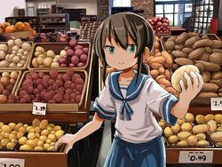  blue_neckwear blue_sailor_collar blue_skirt brown_hair day english_commentary female food fubuki_(kancolle) green_eyes holding holding_food holding_vegetable indoors kantai_collection looking_at_viewer low_ponytail pleated_skirt potato sailor_collar school_uniform serafuku shop short_ponytail sidelocks sixten skirt smile solo vegetable window 