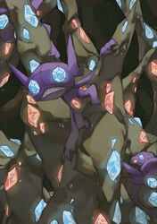  cave commentary creature english_commentary frown gem gen_3_pokemon looking_at_viewer no_humans pinkgermy pokemon pokemon_(creature) sableye sitting 