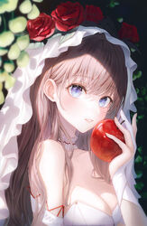  apple bare_shoulders blue_eyes blurry blurry_background blush breasts brown_hair cleavage collarbone dress english_commentary female flower food fruit funii grimlight hand_up highres holding holding_food holding_fruit large_breasts long_hair looking_at_viewer parted_lips plant red_flower red_rose rose smile snow_white_(grimlight) solo white_dress 