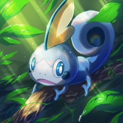  blue_eyes branch foliage full_body highres leaf looking_at_viewer no_humans open_mouth plant_roots pokemon pokemon_(creature) rainforest shaded_face sobble sparkle sunlight tosaka_rai water_drop 