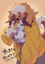  2021 4_fingers animal_print anthro azuki_merun11 bent_over big_breasts bottomwear breasts canid canine canis clothing cow_print cow_print_topwear domestic_dog female female_anthro fingers fluffy fluffy_tail hair hair_over_eyes hase_(azuki_merun11) hi_res japanese_text looking_at_viewer mammal molosser mountain_dog open_mouth pawpads print saint_bernard skirt solo tail text 