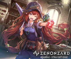  ;d belt belt_pouch book bottle brown_hair cabinet copyright_name dutch_angle essual_(layer_world) female gem helmet highres indoors jewelry long_hair necklace official_art one_eye_closed open_mouth overalls pants pouch short_sleeves smile solo very_long_hair watermark zenonzard 