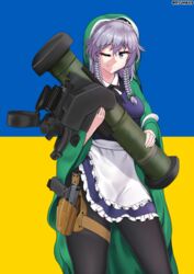  absurdres anti-tank_missile apron braid breasts commission cosplay feet_out_of_frame female fgm-148_javelin frills glock green_robe green_shawl grey_hair gun handgun highres holding holding_rocket_launcher holding_weapon holster izayoi_sakuya looking_at_viewer maid maid_apron medium_breasts one_eye_closed pantyhose robe rocket_launcher russo-ukrainian_war ryuhwa9 sheath sheathed skindentation smile solo st._javelin thigh_holster thighs touhou twin_braids twitter_username ukraine ukrainian_flag virgin_mary virgin_mary_(cosplay) weapon white_apron 