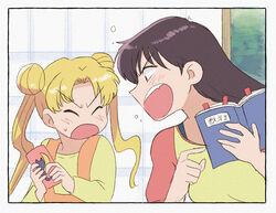  2girls bishoujo_senshi_sailor_moon black_hair blonde_hair blush book bookmark brown_eyes cellphone closed_eyes commentary day double_bun from_side hair_bun hino_rei holding holding_book holding_phone indoors long_hair looking_at_another multiple_girls oerba_yun_fang open_door open_mouth overalls parted_bangs phone profile protected_link shirt shouting sliding_doors smartphone straight_hair sweatdrop textbook tsubobot tsukino_usagi twintails yellow_shirt 