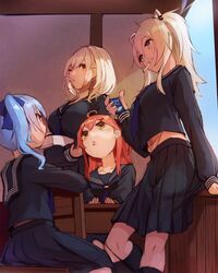  4girls ahoge alternate_costume animal_ears aogami_high_school_uniform black_serafuku black_skirt blue_eyes blue_hair box breasts brown_eyes candy_stick commentary_request grey_eyes grey_hair hair_behind_ear hair_between_eyes hair_ornament hairclip head_tilt highres holding holding_box hololive hololive_error hoshimachi_suisei in_mouth large_breasts lion_ears lion_girl long_hair medium_hair multiple_girls one_eye_closed sailor_collar sakura_miko school_uniform serafuku shirogane_noel shishiro_botan side_ponytail sitting skirt sue_(bg-bros) virtual_youtuber x_hair_ornament 