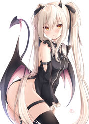  absurdres bad_anatomy black_thighhighs blonde_hair blush breasts demon_girl demon_tail detached_sleeves female from_side hair_ornament highres horns kiri_celea long_hair long_sleeves looking_at_viewer medium_breasts orange_eyes original parted_lips simple_background solo tail thighhighs thighs twintails white_background wings 