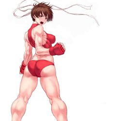  ass back brown_eyes brown_hair buruma butt_crack clenched_hands commentary covered_nipples cowboy_shot female fingerless_gloves from_behind gloves headband impossible_clothes jpeg_artifacts kasugano_sakura kneepits looking_at_viewer looking_back midriff muscular muscular_female open_mouth red_buruma red_gloves red_sports_bra short_hair shouting shu-mai simple_background skin_tight solo sports_bra standing street_fighter teeth thick_thighs thighs upper_teeth_only white_background white_headband 