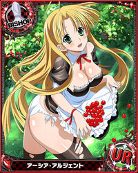  ahoge asia_argento ass bad_link bangs bishop_(chess) black_legwear blonde_hair blunt_bangs blunt_ends blush bow bowtie breasts card_(medium) cherry cherry_blossoms chess_piece cleavage detached_collar eyebrows_visible_through_hair eyes_visible_through_hair female food fruit grass green_eyes heart high_school_dxd long_hair looking_at_viewer maid medium_breasts official_art open_mouth outdoors panties shirt_basket short_sleeves smile solo thighhighs torn_clothes underwear white_panties 