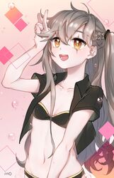  \n/ bikini black_bikini black_shirt breasts brown_hair female girls&#039;_frontline hair_between_eyes highres ice_s_s_z long_hair one_side_up open_clothes open_mouth open_shirt orange_eyes pink_background scar scar_across_eye shirt simple_background small_breasts solo strapless strapless_bikini swimsuit teeth ump45_(girls&#039;_frontline) upper_teeth_only very_long_hair water_drop 