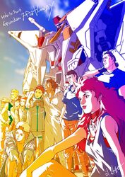  4girls 6+boys arm_around_shoulder backwards_hat baseball_cap black_gloves blue_hoodie breasts brown_hair civet_anhern cleavage collared_shirt copyright_name emerelda_zubin everyone gawman_nobile gloves golf_(gundam) gundam gundam_hathaway&#039;s_flash hat hathaway_noa highres hood hoodie iram_masam jewelry julia_suga jumpsuit kouhara_shigeki long_hair looking_ahead maximilian_nikolai mecha mihessia_hence mobile_suit multiple_boys multiple_girls necklace normal_suit official_art pilot_suit raymond_cain red_eyes red_hair robot science_fiction shirt v-fin white_jumpsuit white_shirt xi_gundam 