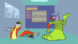  16:9 2020 amphibian anthro anthro_on_anthro body_horror body_swap chart duo english_text frog hexadoodle hi_res laboratory larathelabrat limb_swapping male male/male mammal ness_(larathelabrat) portal portal_amputation portal_ring procyonid raccoon size_difference size_play text thinking_with_portals what why widescreen 