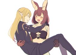  1boy :d animal_ears blonde_hair blush breasts brown_gloves brown_hair calm_mashiro carrying cleavage closed_eyes closed_mouth ear_ornament female gloves hound_(sekaiju) hound_2_(sekaiju) medium_breasts open_mouth pointy_ears princess_carry rabbit_ears sekaiju_no_meikyuu sekaiju_no_meikyuu_5 simple_background smile straight warlock_(sekaiju) warlock_3_(sekaiju) white_background 