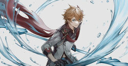  1boy black_gloves blue_eyes brown_hair genshin_impact gloves grey_background holding holding_polearm holding_weapon light_brown_hair male_focus mask mask_on_head parted_lips polearm shioha simple_background sleeves_rolled_up smile solo tartaglia_(genshin_impact) torn torn_clothes vision_(genshin_impact) water weapon 