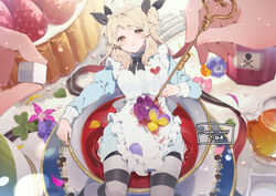  apron black_ribbon blonde_hair blood blood_on_clothes blood_stain blue_dress blue_flower brown_eyes cake clover collar commentary_request cup dress female fingernails floral_print flower food fork frilled_apron frills fruit gem glass_teapot hair_ribbon half-closed_eyes heart holding holding_key ikeuchi_tanuma impaled in_container in_cup key komachi_(ikeuchi_tanuma) lens_flare long_hair long_sleeves looking_at_viewer lying mini_person minigirl neck_ribbon on_back orange_flower original pansy pantyhose parted_lips pearl_(gemstone) petals petals_on_liquid pink_flower pov pov_hands purple_flower ribbon rose_print saucer shamrock signature skull_and_crossbones solo_focus stab strawberry strawberry_cake striped_clothes striped_pantyhose sugar_cube swept_bangs tea teacup teapot twitter_username two_side_up violet_(flower) white_apron yellow_flower 