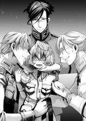  3boys :d @_@ belt commentary_request cross erich_von_rerugen female glasses greyscale grin hal_(goshujinomocha) highres holding holding_belt imminent_rape iron_cross jacket long_sleeves looking_at_another medal military military_jacket military_uniform monochrome multiple_boys multiple_persona open_mouth semi-rimless_eyewear short_hair smile sweat tanya_degurechaff teeth uniform youjo_senki 