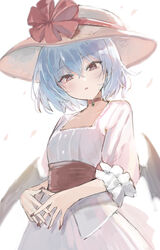  alternate_headwear backlighting bat_wings black_wings blouse blue_hair blurry blurry_background bob_cut brown_eyes brown_nails brown_sash choker collarbone cowboy_shot crossed_bangs d: depth_of_field eyes_visible_through_hair falling_petals female fingers_together floating_hair frilled_sleeves frills hair_between_eyes hat hat_ornament hat_ribbon highres jewelry light_blue_hair looking_at_viewer looking_to_the_side low_wings muted_color nail_polish own_hands_together parted_lips pendant pendant_choker petals puffy_sleeves red_choker red_ribbon remilia_scarlet ribbon sash shirt short_hair sleeves_past_elbows solo standing steepled_fingers sun_hat thick_eyelashes touhou tsurime white_background white_shirt wind wings yuki_(popopo) 