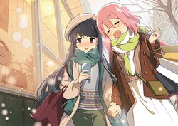  2girls bag beret blue_hair blush building cellphone closed_eyes cloud cloudy_sky commentary couple embarrassed handbag hat highres holding holding_hands holding_phone hotaru_iori ichimi_renge jacket kagamihara_nadeshiko long_hair looking_at_phone looking_to_the_side medium_hair multiple_girls open_mouth outdoors pants phone pink_hair purple_eyes scarf second-party_source shima_rin shirt shop shopping_bag skirt sky smartphone smile snow storefront tree walking window winter yuri yurucamp 