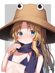  absurdres bikini blonde_hair blue_eyes blush border brown_hat commentary_request female flat_chest fringe_trim hair_ribbon hat highres long_hair looking_at_viewer mamemochi moriya_suwako open_mouth purple_bikini purple_scarf red_ribbon ribbon scarf solo swimsuit touhou upper_body white_border 