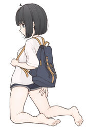  1ssakawaguchi adjusting_strap ahoge backpack bag barefoot black_hair blue_eyes blue_shorts blunt_bangs blush bob_cut commentary female from_behind from_side full_body highres holding_strap ichika_(1ssakawaguchi) kneeling kneepits looking_ahead original shirt short_hair short_shorts short_sleeves shorts simple_background soles solo t-shirt toes white_background white_shirt 