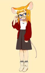  +_+ :3 :d adjusting_eyewear animal_ear_fluff animal_ears black-framed_eyewear black_skirt blonde_hair blue_eyes boots bright_pupils buttons cardigan collarbone colored_inner_hair commentary extra_ears female full_body glasses hair_ornament hairclip high-waist_skirt highres indie_virtual_youtuber long_sleeves looking_away looking_to_the_side mau-chan_(7name) mouse_ears mouse_girl mouse_tail multicolored_hair okunin open_cardigan open_clothes open_mouth purple_hair red_cardigan shirt simple_background skirt sleeves_past_wrists smile socks solo standing striped_clothes striped_socks tail thick_eyebrows unbuttoned virtual_youtuber white_shirt 