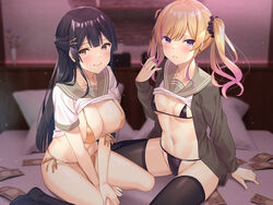  2girls banknote bed between_legs bikini black_bikini black_hair black_jacket black_socks black_thighhighs blonde_hair blurry breasts brown_eyes cleavage closed_mouth clothes_lift collarbone depth_of_field earrings front-tie_bikini_top front-tie_top frown gradient_hair hair_ornament hair_scrunchie hairclip half_updo hand_up highres implied_prostitution indoors jacket jewelry large_breasts long_hair long_sleeves looking_at_viewer money multicolored_hair multiple_girls navel non-web_source open_clothes open_jacket original pillow purple_eyes sailor_collar sailor_shirt scrunchie shirt shirt_lift short_sleeves side-tie_bikini_bottom sidelocks small_breasts smile socks stomach streaked_hair string_bikini super_nagoyaka swimsuit thighhighs thighs twintails white_shirt yellow_bikini 