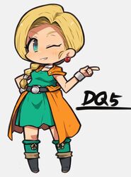  belt bianca_(dq5) blonde_hair boots bracelet braid cape chibi choker dragon_quest dragon_quest_v dress earrings female full_body green_dress green_eyes hair_over_shoulder hand_on_own_hip ibara. jewelry long_hair one_eye_closed orange_cape side_braid single_braid socks solo 