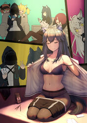  +_+ 1other 5girls :3 absurdres ace_(playing_card) ace_of_clubs ace_of_hearts ace_of_spades ahoge animal_ear_fluff animal_ears arknights armchair bare_shoulders black_bra black_hair black_jacket black_pantyhose black_shorts blonde_hair bra breasts card chair chinese_commentary closed_eyes clothes_pull club_(shape) collarbone commentary_request croissant_(arknights) doctor_(arknights) exusiai_(arknights) food green_eyes grey_hair hair_between_eyes hair_ornament hairclip halo heart highres holding holding_card hood hooded_jacket horns jacket lappland_(arknights) long_hair md5_mismatch medium_breasts multiple_girls multiple_views navel open_clothes open_jacket open_mouth orange_hair panties panties_under_pantyhose pantyhose penguin_logistics_(arknights) playing_card pocky red_eyes red_hair seiza shorts shorts_pull sitting sora_(arknights) spade_(shape) stomach strap_slip strip_game strip_poker tail texas_(arknights) underwear undressing v white_jacket wolf_ears wolf_tail yunkaiming 