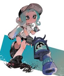  bad_id bad_pixiv_id baseball_cap bike_shorts black_eyes black_footwear blue_hair blue_skin closed_mouth colored_skin female fingerless_gloves full_body gloves gradient_skin grey_gloves hat highres holding ink_tank_(splatoon) l-3_nozzlenose_(splatoon) leg_up long_hair multicolored_skin octoling octoling_girl octoling_player_character shirt shoes short_sleeves solo splatoon_(series) splatoon_2 t-shirt tentacle_hair two-tone_skin urutora white_shirt 