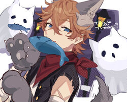  1boy animal_ears animal_hands bandages black_vest blue_eyes brown_hair earrings fish genshin_impact ghost gloves hair_between_eyes halloween halloween_costume jewelry male_focus mask mask_on_head miz_(mi) mouth_hold oerba_yun_fang official_alternate_costume paw_gloves scar scar_on_arm shirt single_earring tartaglia_(genshin_impact) tartaglia_(halloween)_(genshin_impact) trick_or_treat upper_body vest 