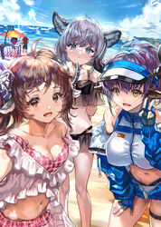  3girls animal_ears arknights bare_shoulders beach bikini black_bikini blue_eyes blue_jacket blue_sky blush breasts brown_eyes brown_hair cleavage collarbone commentary_request cow_ears cow_girl cow_horns eyjafjalla_(arknights) eyjafjalla_(summer_flower)_(arknights) fox_ears fox_girl grey_hair highres horns jacket large_breasts long_hair long_sleeves looking_at_viewer medium_breasts multiple_girls navel off-shoulder_bikini off_shoulder official_alternate_costume open_clothes open_jacket open_mouth outdoors pink_bikini plaid plaid_bikini purple_hair ran&#039;ou_(tamago_no_kimi) sheep_ears sheep_horns shore sideroca_(arknights) sideroca_(light_breeze)_(arknights) sky small_breasts smile sussurro_(arknights) sussurro_(summer_flower)_(arknights) swimsuit thighs twintails visor_cap white_bikini 