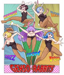  5girls alternate_costume animal_ears arm_up arms_up bare_shoulders black_leotard blonde_hair blue_hair breasts brown_hair cabbie_hat clenched_hand clenched_hands collarbone covered_navel dual_wielding floppy_ears flying_kick hair_between_eyes hand_up hat highres holding igu_(103milk) inaba_tewi kicking large_breasts leotard long_hair lunatic_gun medium_breasts motion_lines multiple_girls no_shoes open_mouth outstretched_arms pantyhose playboy_bunny polka_dot purple_eyes purple_hair rabbit_ears rabbit_girl rabbit_tail red_eyes reisen_(touhou_bougetsushou) reisen_udongein_inaba ringo_(touhou) seiran_(touhou) short_hair small_breasts sound_effects spread_arms strapless strapless_leotard tail text_focus touhou twintails very_long_hair 