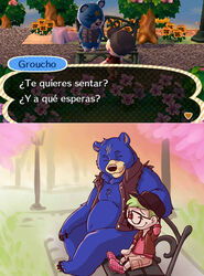  2014 animal_crossing anthro bear belly blue_body blue_fur bottomwear closed_eyes clothing duo eclipticafusion eyewear fur glasses groucho_(animal_crossing) hat headgear headwear male mammal nintendo outside overweight overweight_male shirt shorts sitting spanish_text text topwear translated villager_(animal_crossing) 