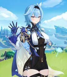  absurdres black_hairband blue_cape blue_gloves blue_necktie blue_sky breasts cape chest_harness clenched_teeth cloud cowboy_shot dandelion_seed day eipanguino eula_(genshin_impact) female genshin_impact gloves grass hair_between_eyes hair_intakes hair_ornament hairband hand_up harness high-waist_shorts highres long_sleeves looking_at_viewer medium_breasts medium_hair necktie open_mouth outdoors shorts shoulder_cape sidelocks sky solo teeth vision_(genshin_impact) waving white_sleeves wide_sleeves yellow_eyes 