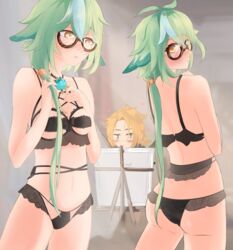  1boy absurdres albedo_(genshin_impact) animal_ears ass black_panties blonde_hair blue_eyes blush bra breasts cat_ears cat_girl couple easel female flat_chest genshin_impact glasses green_hair highres lingerie long_hair looking_back modeling panties ponytail self-upload semi-rimless_eyewear shy small_breasts straight sucrose_(genshin_impact) thighhighs thighs underwear uve yellow_eyes 