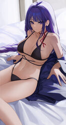  absurdres alternate_costume bikini black_bikini braid breasts closed_mouth expressionless female genshin_impact highres large_breasts leaning_back long_hair looking_at_viewer low-braided_long_hair low-tied_long_hair navel purple_eyes purple_hair raiden_shogun sideboob sitting solo starblue stomach swimsuit thighs underboob very_long_hair 