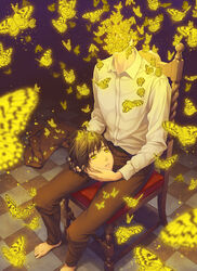  1boy alternate_body_fluid bad_id bad_pixiv_id barefoot black_hair bug butterfly chair checkered_floor collared_shirt disembodied_head glowing glowing_eyes holding_head jacket male_focus minami_(minami373916) original pants shirt sitting too_many unworn_jacket yellow_butterfly yellow_eyes 