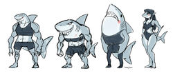  anthro black_hair blush bottomwear bra clothing cutout female fish grin group hair hi_res long_hair marine muscular one-piece_swimsuit pants shark sharkini sharp_teeth shirt simple_background smile sports_bra stupjam swimwear tank_top teeth topwear underwear white_background 