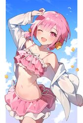  azit_(down) bikini blue_sky day female hair_ornament highres jacket long_sleeves navel one_eye_closed ootori_emu open_mouth pink_bikini pink_eyes pink_hair project_sekai short_hair sky smile solo stomach swimsuit upper_body white_jacket wonderlands_x_showtime_(project_sekai) 