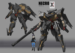  absurdres arm_cannon bird/binary black_gloves blue_eyes breasts chain_gun character_name ciel_(bird/binary) female gloves gradient_background highres las91214 mecha medium_breasts necro_(bird/binary) open_hands reference_sheet robot science_fiction short_hair size_comparison standing thighhighs weapon 