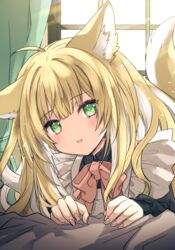  :d animal_ear_fluff animal_ears apron backlighting black_dress blonde_hair blunt_bangs blush bow brown_bow collared_dress commentary_request curtains day dress fangs female fox_ears fox_girl fox_tail frilled_apron frills fuwafuwa-chan_(kamiyoshi_rika) green_eyes head_tilt indoors kamiyoshi_rika long_hair looking_at_viewer maid maid_apron original smile solo sunlight tail white_apron window 