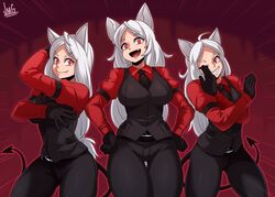  3girls :d absurdres ahoge animal_ears arm_garter arm_strap belt_buckle black_gloves black_necktie black_pants black_vest breasts buckle cerberus_(helltaker) closed_mouth demon_girl demon_tail dog_ears dog_girl fang_out gloves grin helltaker highres jmg large_breasts long_hair long_sleeves looking_at_viewer low-tied_long_hair multiple_girls necktie oerba_yun_fang one_eye_closed open_mouth pants parted_bangs pose red_eyes red_shirt shirt smile tail teeth triplets vest waistcoat white_hair 