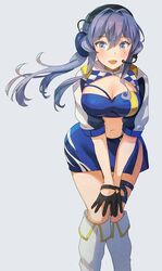  bandeau black_gloves blue_bandeau blue_eyes blue_hair blue_skirt blue_tube_top blush breasts cleavage commentary_request crop_top cropped_jacket feet_out_of_frame female gloves gotland_(fuji_speedway_race_queen_mode)_(kancolle) gotland_(kancolle) grey_background hair_between_eyes headphones highres jacket kantai_collection kasumi_(skchkko) large_breasts long_hair looking_at_viewer midriff miniskirt mole mole_under_eye navel open_mouth race_queen revision short_sleeves shrug_(clothing) simple_background skirt smile solo stomach strapless tube_top white_jacket 