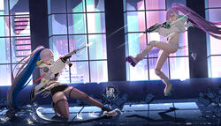  2girls apex_legends blue_hair colored_inner_hair commentary commission cropped_hoodie demon_tail demon_wings english_commentary gloves green_gloves grey_hair gun highres holding holding_gun holding_weapon hololive hololive_indonesia hood hoodie landacdeus long_hair long_sleeves multicolored_hair multiple_girls navel orange-tinted_eyewear pavolia_reine pavolia_reine_(streetwear) pink_hair pointy_ears ponytail roller_skates short_shorts shorts skates streaked_hair sunglasses tail thigh_strap tinted_eyewear tokoyami_towa tokoyami_towa_(5th_costume) two-sided_gloves valorant vandal_(valorant) virtual_youtuber vk-47_flatline weapon white_footwear white_gloves white_hair white_hoodie white_shorts window wings yellow-tinted_eyewear yellow_eyes 