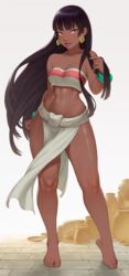  bare_shoulders barefoot black_hair bracelet breasts brown_eyes chel_(the_road_to_el_dorado) cheshirrr cleavage clenched_hand collarbone commentary crop_top dark-skinned_female dark_skin earrings english_commentary feet female fingernails full_body hand_up highres jewelry lips loincloth long_hair looking_at_viewer medium_breasts midriff navel parted_lips pelvic_curtain shiny_skin simple_background smile solo standing stomach strapless the_road_to_el_dorado thighs toes tube_top very_long_hair 