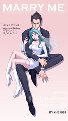  1boy absurdres aqua_eyes aqua_hair artist_name bare_shoulders black_footwear black_hair black_jacket black_legwear black_pants blue_eyes blunt_bangs blush boots bracelet bridal_veil bride bulma_briefs character_name choker closed_mouth commentary copyright_name couple cover cross cross_earrings dragon_ball dragon_ball_z dress drop_shadow earrings english_commentary english_text fake_magazine_cover female fingernails formal frown full_body furrowed_brow gradient_background groom hand_on_own_arm hands_on_another&#039;s_arm high_heel_boots high_heels highres husband_and_wife inverted_cross invisible_chair jacket jewelry knee_boots lipstick long_hair long_sleeves looking_at_viewer magazine_cover makeup matching_earrings mismatched_earrings off-shoulder_dress off_shoulder open_mouth pants pencil_dress pendant pink_background pink_nails red_lips ring sharp_fingernails shoes short_dress sitting sitting_on_lap sitting_on_person skindentation socks spiked_hair straight straight_hair stud_earrings suit thigh_strap vegeta veil wedding_dress wedding_ring white_dress white_footwear xhe_1992 