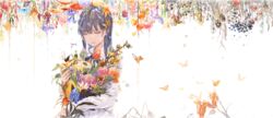  black_hair bouno_satoshi bow butterfly flowers food fruit long_hair original ribbons shirt water white 