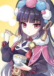  black_hair earrings eyeshadow female food fur_trim genshin_impact hat highres icedango_(dpopic3) jewelry long_hair looking_at_viewer makeup red_eyes red_eyeshadow solo spoon tassel tassel_earrings vision_(genshin_impact) yun_jin_(genshin_impact) 