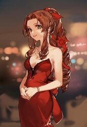  aerith_gainsborough aerith_gainsborough_(red_dress) bare_arms bare_shoulders blurry blurry_background bracelet braid breasts brown_hair ciloranko city_lights collarbone commentary cowboy_shot depth_of_field dress female final_fantasy final_fantasy_vii final_fantasy_vii_remake flower green_eyes hair_ribbon jewelry long_hair medium_breasts necklace night outdoors red_dress ribbon smile solo strapless strapless_dress symbol-only_commentary 