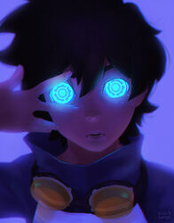  1boy absurdres blue_background brown_hair finger_to_eye glowing glowing_eyes goggles goggles_around_neck hair_between_eyes hand_on_own_face highres kekkai_sensen leonardo_watch male_focus parted_lips portrait short_hair solo symbol-shaped_pupils turtleneck uneven_eyes vizerothree wide-eyed 